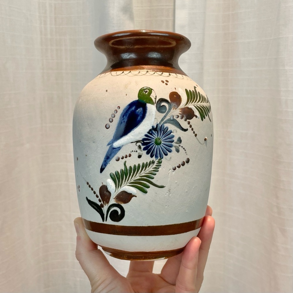 VTG Santana Tonala Art Pottery Vase 7" Tall Made in Mexico Painted Bird Floral